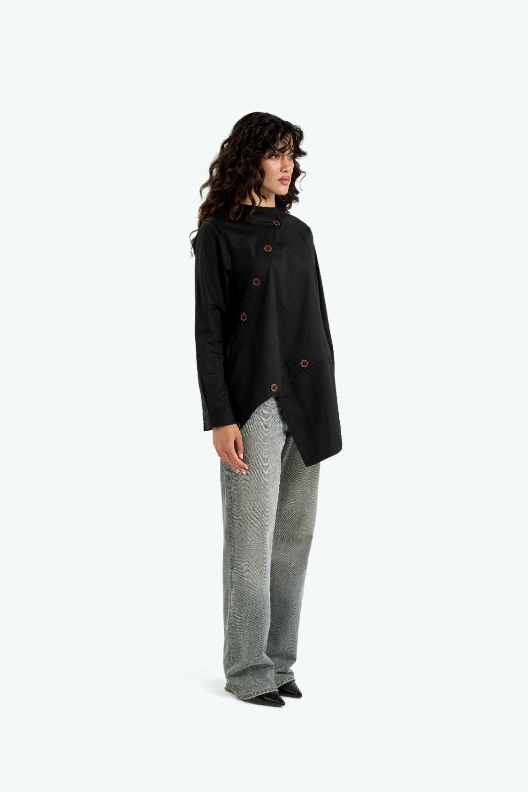 Asymmetric Black Chemise with Wooden Buttons