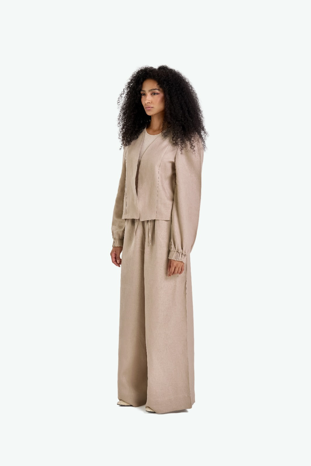Beige Linen Puffy Sleeves Set