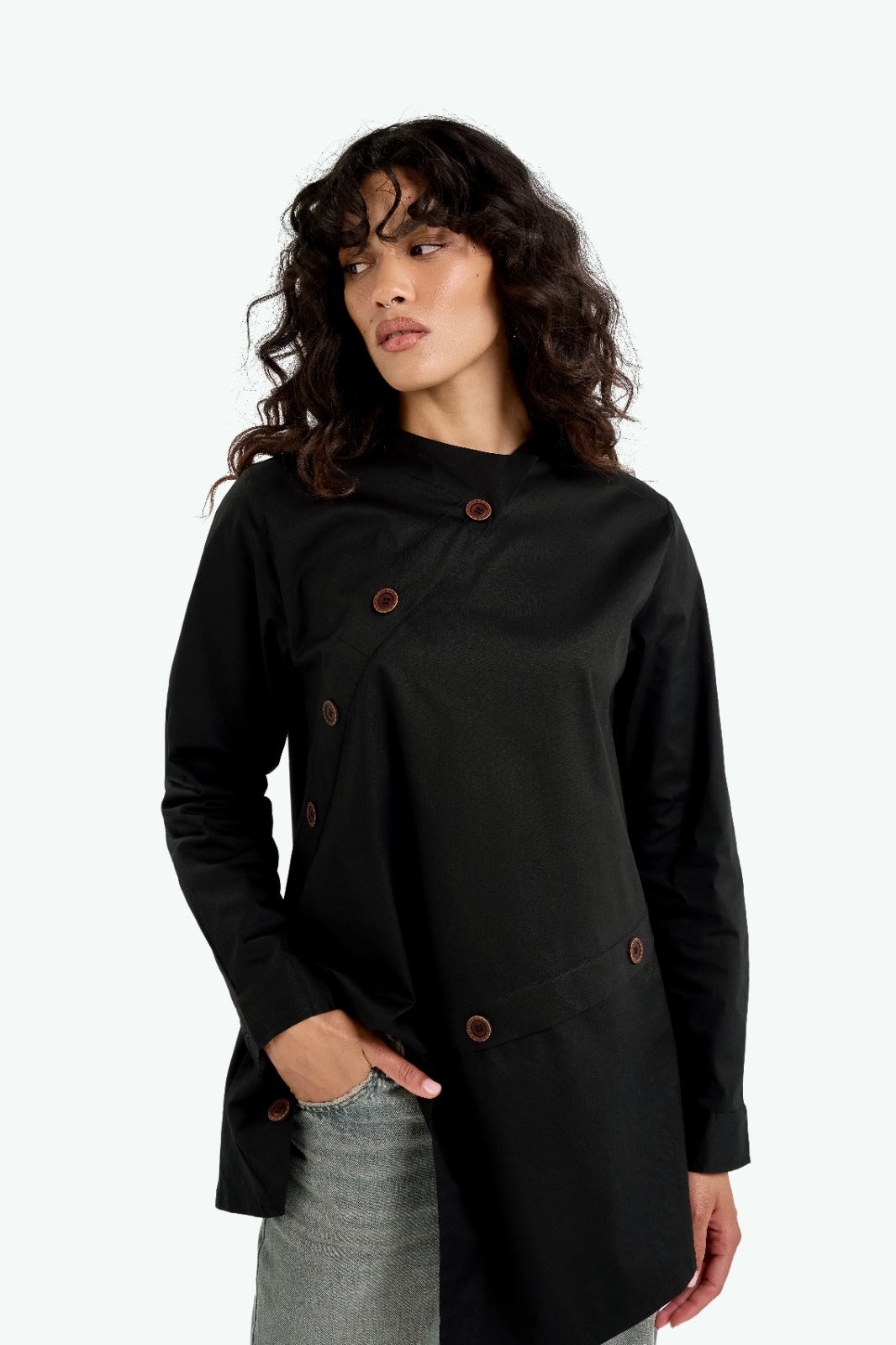 Asymmetric Black Chemise with Wooden Buttons