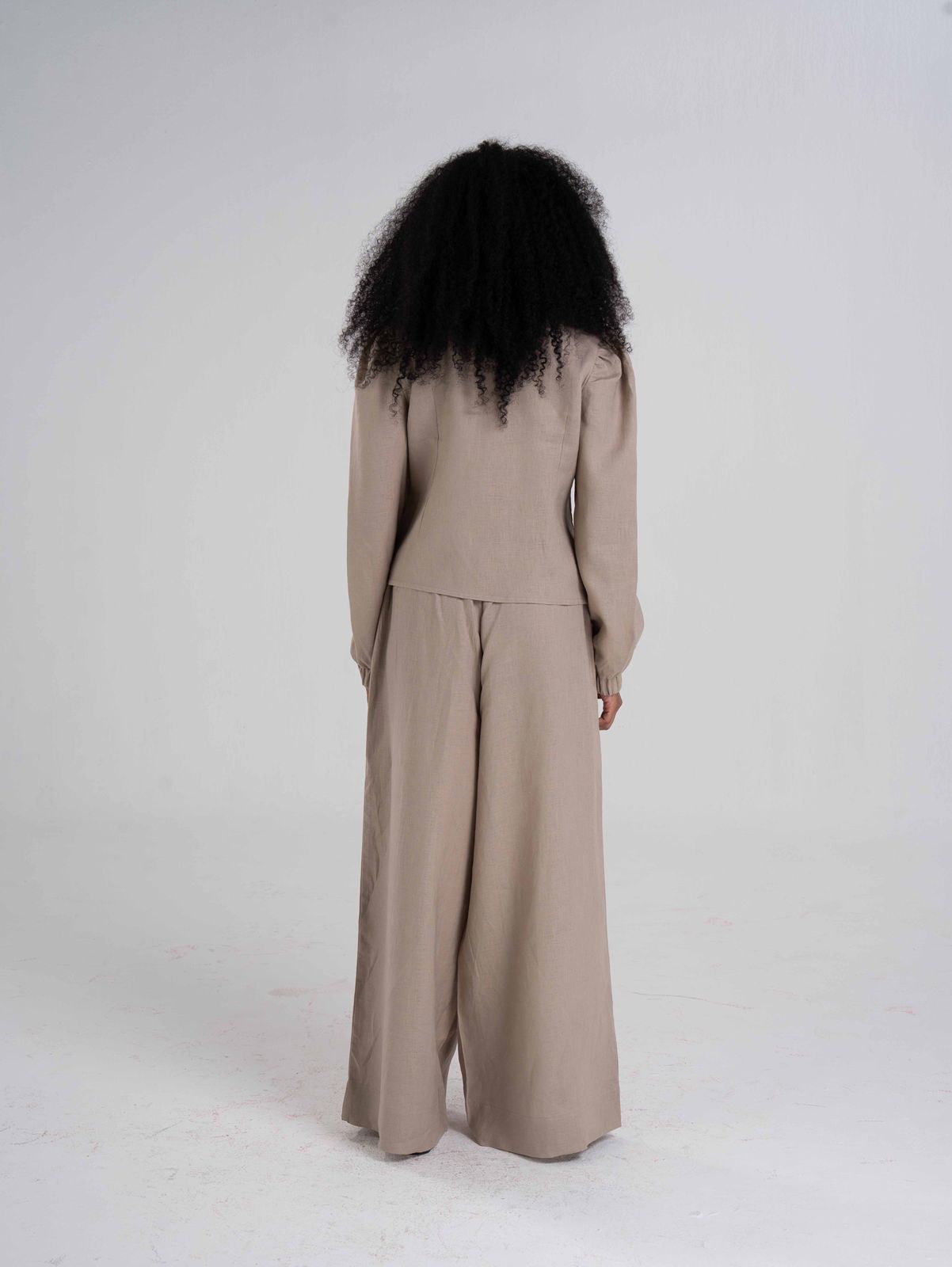 Beige Linen Puffy Sleeves Set