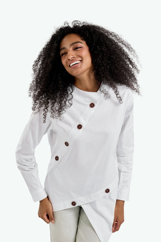 Asymmetric White Chemise with Wooden Buttons
