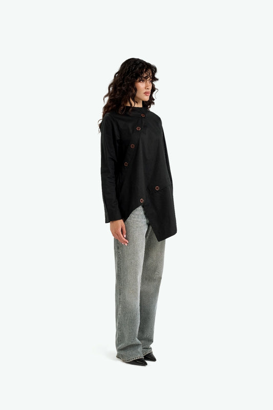 Asymmetric Black Chemise with Wooden Buttons