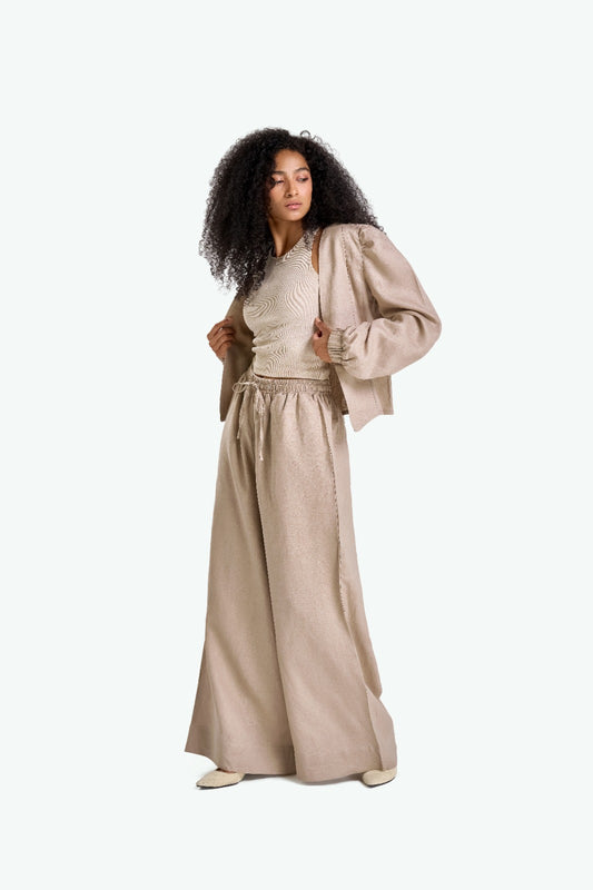 Beige Linen Puffy Sleeves Set