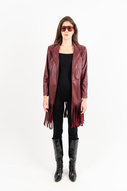 Burgundy Leather Fringes Jacket
