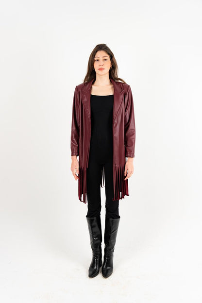 Burgundy Leather Fringes Jacket