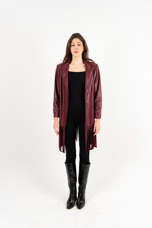 Burgundy Leather Fringes Jacket