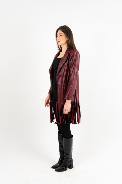 Burgundy Leather Fringes Jacket