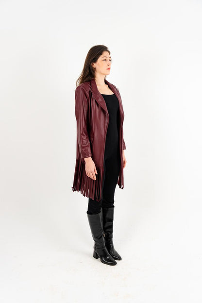 Burgundy Leather Fringes Jacket