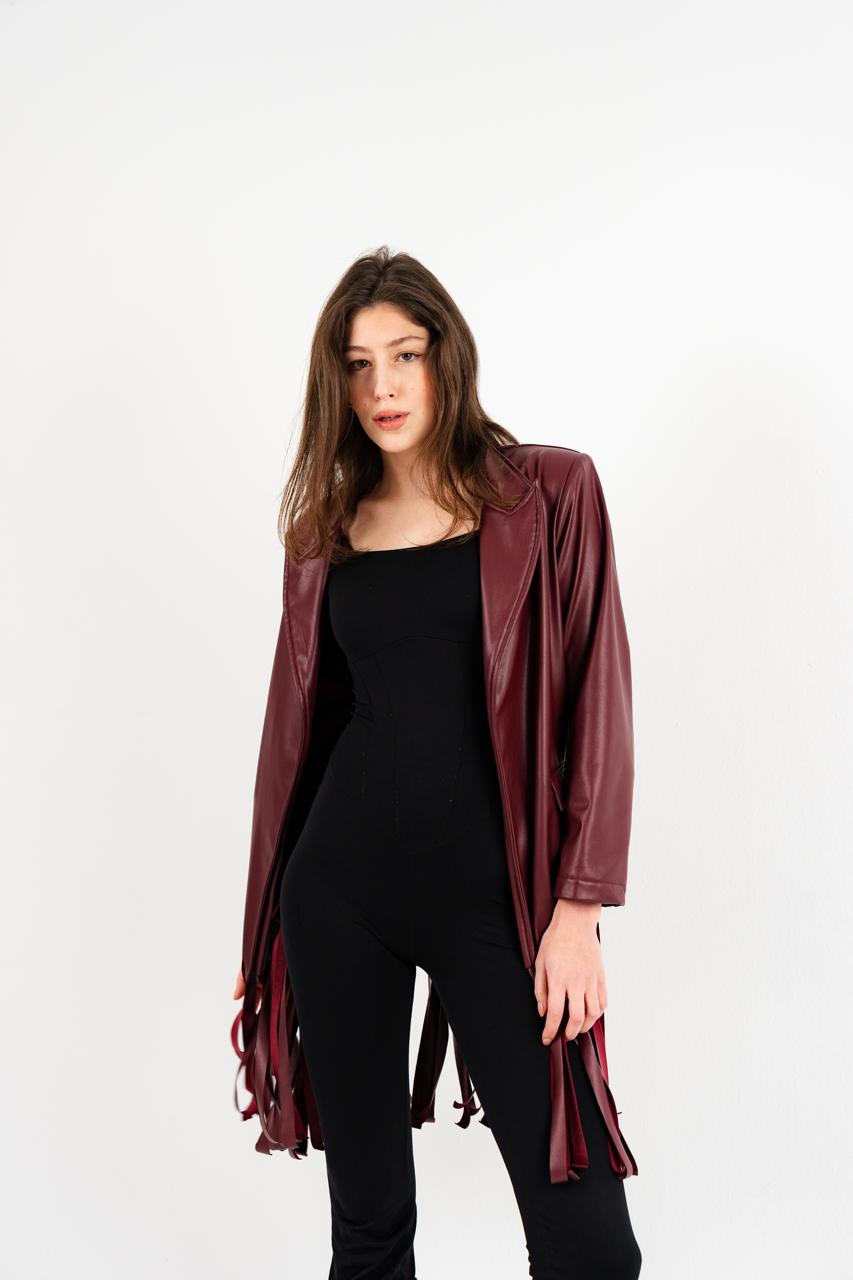 Burgundy Leather Fringes Jacket