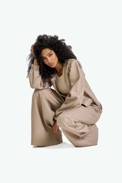 Beige Linen Puffy Sleeves Set