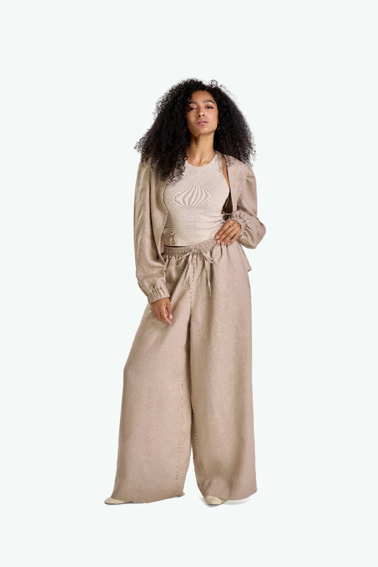 Beige Linen Puffy Sleeves Set